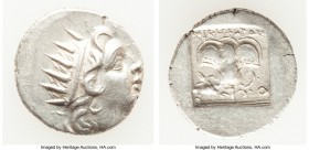 CARIAN ISLANDS. Rhodes. Ca. 88-84 BC. AR drachm (15mm, 2.47 gm, 12h). About XF. Plinthophoric standard, Nicephorus, magistrate. Radiate head of Helios...