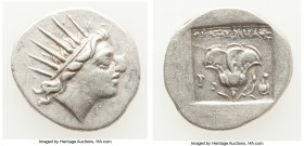 CARIAN ISLANDS. Rhodes. Ca. 88-84 BC. AR drachm (15mm, 2.29 gm, 12h). VF. Plinthophoric standard, Thrasymedes, magistrate. Radiate head of Helios righ...