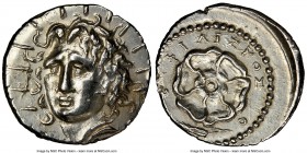 CARIAN ISLANDS. Rhodes. Ca. 84-30 BC. AR drachm (19mm, 12h). NGC Choice AU, brushed. Philiscus, magistrate. Radiate head of Helios facing, turned slig...
