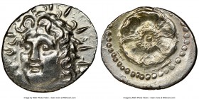 CARIAN ISLANDS. Rhodes. Ca. 84-30 BC. AR drachm (19mm, 11h). NGC AU, brushed. Radiate head of Helios facing, turned slightly left, hair parted in cent...