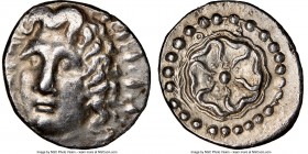 CARIAN ISLANDS. Rhodes. Ca. 84-30 BC. AR drachm (18mm, 12h). NGC XF. Radiate head of Helios facing, turned slightly left, hair parted in center and sw...