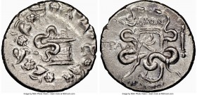 LYDIA. Tralles. After 133 BC. AR cistophorus (26mm, 12h). NGC AU. Serpent emerging from cista mystica; all within ivy wreath / Bow in bowcase decorate...