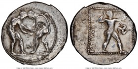 PAMPHYLIA. Aspendus. Ca. 380-325 BC. AR stater (24mm, 12h). NGC Choice VF. Two wrestlers grappling; ΑΦ between / EΣTFEΔIIYΣ, slinger striding to right...