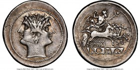 Anonymous (ca. 225-214/2 BC). AR didrachm or quadrigatus (24mm, 6.67 gm, 7h). NGC XF 4/5 - 4/5, flan flaw. Laureate head of youthful Janus, two small ...