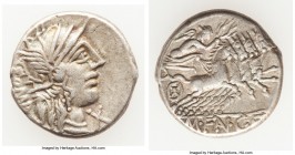 M. Fannius C. f. (ca. 123 BC). AR denarius (18mm, 3.92 gm, 6h). VF. Rome. ROMA, head of Roma right, wearing winged helmet decorated with griffin crest...