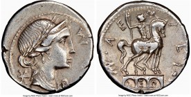 Mn. Aemilius Lepidus (ca. 114-113 BC). AR denarius (18mm, 7h). NGC Choice VF, brushed. Rome. ROMA (MA ligate), laureate, draped bust of Roma right, se...
