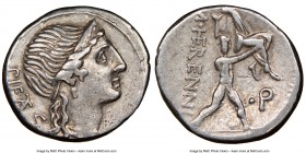 M. Herennius (ca. 108-107 BC). AR denarius (17mm, 11h). NGC Choice VF. PIETAS (TA ligate), head of Pietas right / M•HERENNI (HE ligate), one of the Ca...
