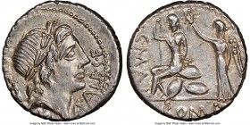 A. Postumius S.f. Albinus, L. Caecilius L.f.Q.n. Metellus Delmaticus and C. Publicius Malleolus (ca. 96 BC). AR denarius (19mm, 11h). NGC AU. Rome. A•...