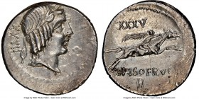 L. Calpurnius Piso Frugi (90 BC). AR denarius (19mm, 4.08 gm, 2h). NGC AU 4/5 - 4/5. Rome. Laureate head of Apollo right; animal leg(?) behind / L•PIS...