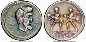 L. Titurius L.f. Sabinus (89 BC). AR denarius (18mm, 7h). NGC VF S. Rome. SABIN, Bare head of King Tatius right, TA monogram before / L•TITVRI, two Ro...