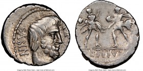 L. Titurius L.f. Sabinus (89 BC). AR denarius (18mm, 9h). NGC VF Rome. SABIN, Bare head of King Tatius right, TA monogram before / L•TITVRI, two Roman...