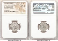 L. Julius Bursio (ca. 85 BC). AR denarius (20mm, 4.00 gm, 1h). NGC Choice VF 3/5 - 3/5. Rome. Laureate, winged, draped bust of Apollo Vejovis right; t...