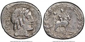 Mn. Fonteius C.f. (ca. 85 BC). AR denarius (20mm, 6h). NGC VF. Rome. MN•FONTEI-C F (MN and NT ligate), laureate head of Apollo-Vejovis right; thunderb...