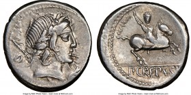 Pub. Crepusius (82 BC). AR denarius (18mm, 9h). NGC Choice VF. Rome. Laureate head of Apollo right, scepter over left shoulder; D behind; uncertain sy...