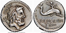 L. Lucretius Trio (76 BC). AR denarius (18mm, 5h). NGC XF, brushed. Rome. Laureate head of Neptune right, trident at shoulder; above, IIIXXX / L•LVCRE...