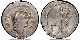 Mn. Cordius Rufus (ca. 46 BC). AR denarius (18mm, 5h). NGC Choice VF, graffito. Rome. RVFVS•III•VIR, conjoined heads of the Dioscuri right, each weari...