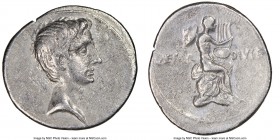 Octavian, as Imperator (43-27 BC). AR denarius (20mm, 3h). NGC VF, edge cut, scratch. Italian mint (Rome?), ca. 32-31 BC. Bare head of Octavian right ...
