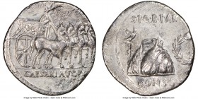 Augustus (27 BC-AD 14). AR denarius (19mm, 3.30 gm, 7h). NGC XF 4/5 - 2/5. Spain, Colonia Patricia, 18 BC. S•P•Q•R•PARENT / CONS•SVO, toga picta over ...