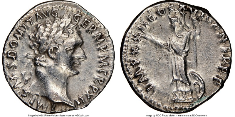 Domitian (AD 81-96). AR denarius (18mm, 6h). NGC Choice VF Rome, 14 September AD...