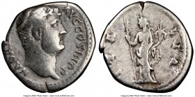 Hadrian (AD 117-138). AR denarius (18mm, 5h). NGC Fine. HADRIANVS-AVG COS III P P, bare head of Hadrian right / ITA-LIA, Italia standing facing head l...