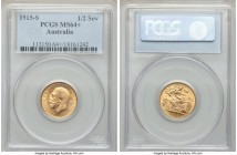 George V gold 1/2 Sovereign 1915-S MS64+ PCGS, Sydney mint, KM28. Near gem, a lemon-yellow offering with dazzling mint bloom. Ex. Caranett Collection ...