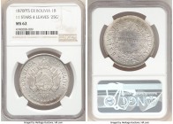 Republic Boliviano 1870 PTS-ER MS62 NGC, KM155.1. 11 Stars 4 Leaves "25G" variety. Light lavender-gray and gold toning. 

HID09801242017

© 2020 H...