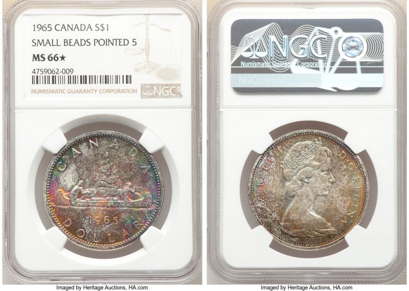 Elizabeth II "Small Beads - Pointed 5" Dollar 1965 MS66 S NGC, Royal Canadian mi...