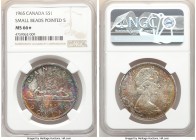 Elizabeth II "Small Beads - Pointed 5" Dollar 1965 MS66 S NGC, Royal Canadian mint, KM64.1. Small beads, pointed 5 variety. Amazing multi-colored toni...