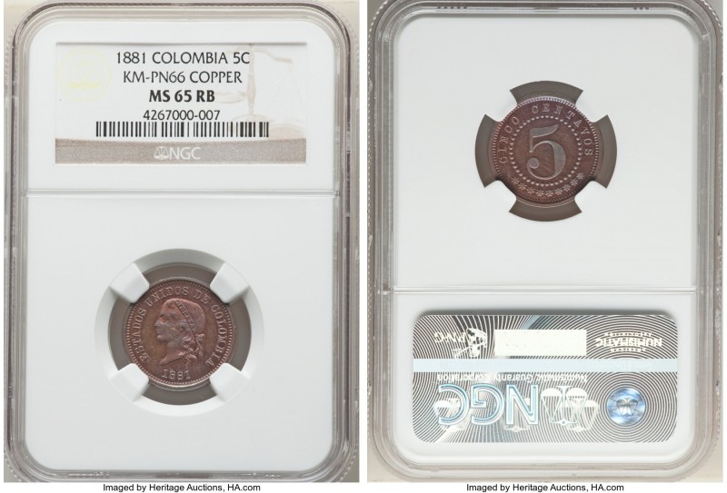 Estados Unidos copper Pattern 5 Centavos 1881 MS65 Red and Brown NGC, KM-Pn66. A...