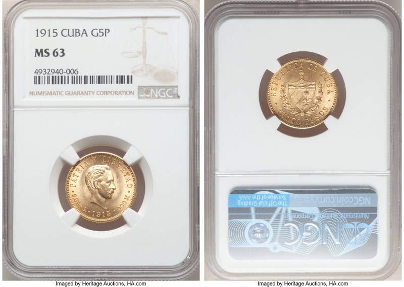 Republic gold 5 Pesos 1915 MS63 NGC, Philadelphia mint, KM19.

HID09801242017...
