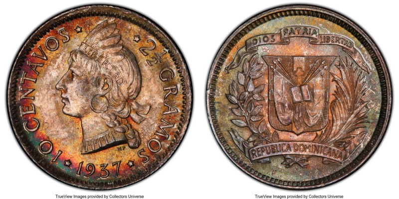 Republic 10 Centavos 1937 MS66 PCGS, KM19. Colorfully toned and impressively pre...