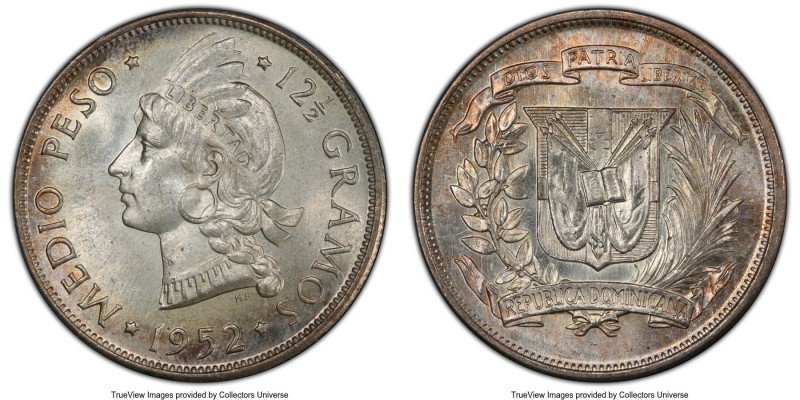 Republic 1/2 Peso 1952 MS65 PCGS, KM21. A frosty gem example demonstrating sharp...