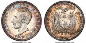 Republic Sucre 1892 LIMA-TF AU58 PCGS, Lima mint, KM53.3. Key date in series. Peripheral toning in shades of teal, red and gold. 

HID09801242017
...