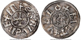 Carolingian. Charles the Bald (840-877) Immobilized Denier ND (860-c. 925) AU53 NGC, Melle mint, "Class 1", MG-1064, Dep-627. 1.65gm. +CΛRLVS REX FR (...