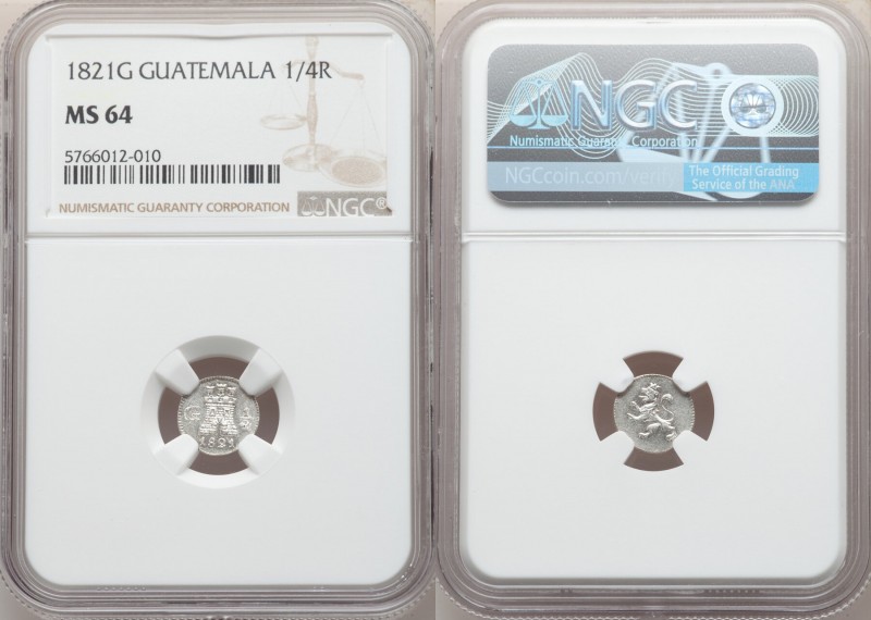 Ferdinand VII 1/4 Real 1821-G MS64 NGC, Nueva Guatemala mint, KM72. 

HID09801...
