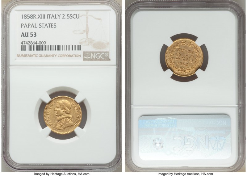 Papal States. Pius IX gold 2-1/2 Scudi Anno XIII (1858)-R AU53 NGC, Rome mint, K...