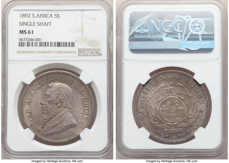 Republic "Single Shaft" 5 Shillings 1892 MS61 NGC, Berlin mint, KM8.1. Mintage: ...
