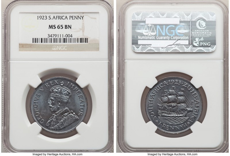 George V 3-Piece Lot of Certified Pennies 1923 MS65 Brown NGC, Pretoria mint, KM...