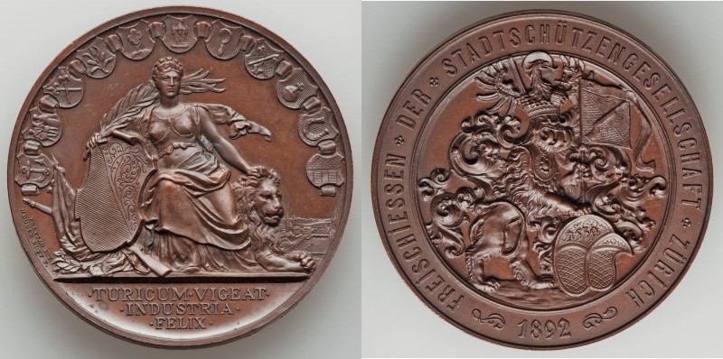 Confederation bronze "Zurich Shooting Festival" Medal 1892 UNC, Richter-1752b. 4...