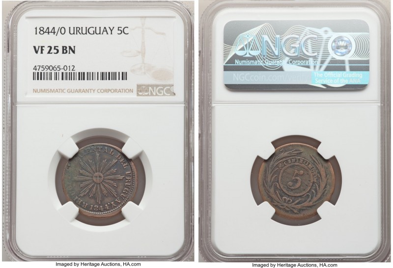 Republic 5 Centesimos 1844/0 VF25 Brown NGC, Montevideo mint, KM1. A lesser-seen...