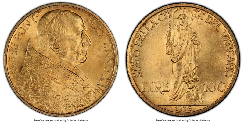Pius XI gold 100 Lire Anno XV (1936) MS66 PCGS, KM10. Mintage: 8,239. Two year t...