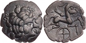 GALLIEN REDONES
 BI-Stater 100-50 v. Chr. Vs.: Kopf mit gelockten Haaren n. r., Rs.: stilisiertes androkephales Pferd mit Lenker n. r., darunter vier...