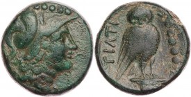 APULIEN TEATE
 AE-Quincunx 225-200 v. Chr. Vs.: Kopf der Athena mit korinthischem Helm n. r., darüber fünf Wertkugeln, Rs.: TIATI, Eule auf korinthis...