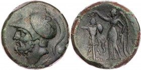 BRUTTIUM BRETTISCHE LIGA
 AE-Hexas 208-205 v. Chr. Vs.: Kopf des Ares mit korinthischem Helm n. l., rechts zwei Wertkugeln, unten Ähre, Rs.: Nike ste...