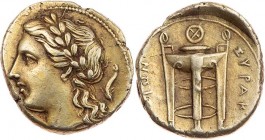 SIZILIEN SYRAKUS
Agathokles, 317-289 v. Chr. EL-25 Litrai 310-304 v. Chr. Vs.: Kopf des Apollon mit Lorbeerkranz n. l., rechts Delphin, Rs.: Dreifuß ...