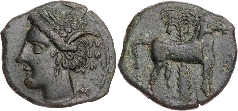 SIZILIEN SIKELOPUNIER
 AEs 310-290 v. Chr. Vs.: Kopf der Tanit mit Ährenkranz n...