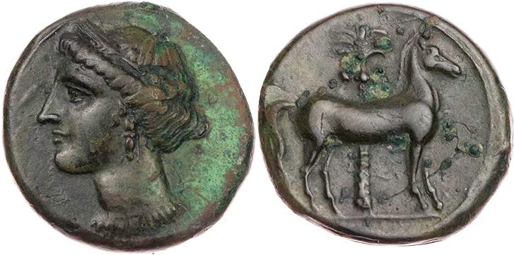 SIZILIEN SIKELOPUNIER
 AEs um 310-290 v. Chr. Vs.: Kopf der Tanit mit Ährenkran...