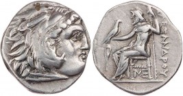 MAKEDONIEN, KÖNIGREICH
Alexander III., 336-323 v. Chr. AR-Drachme 310-301 v. Chr. (postum) Lampsakos Vs.: Kopf des Herakles mit Löwenskalp n. r., Rs....