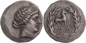 AIOLIS KYME
 AR-Tetradrachme 170-160 v. Chr., unter Metrophanes Vs.: Kopf der Amazone Kyme mit Diadem n. r., Rs.: Pferd schreitet n. r., rechts Skyph...