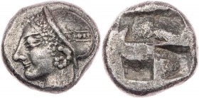 IONIEN PHOKAIA
 AR-1/8 Stater 510-494 v. Chr. Vs.: Nymphenkopf mit lydischer Kappe mit Querband n. l., Rs.: viergeteiltes quadratum incusum BMC -; SN...